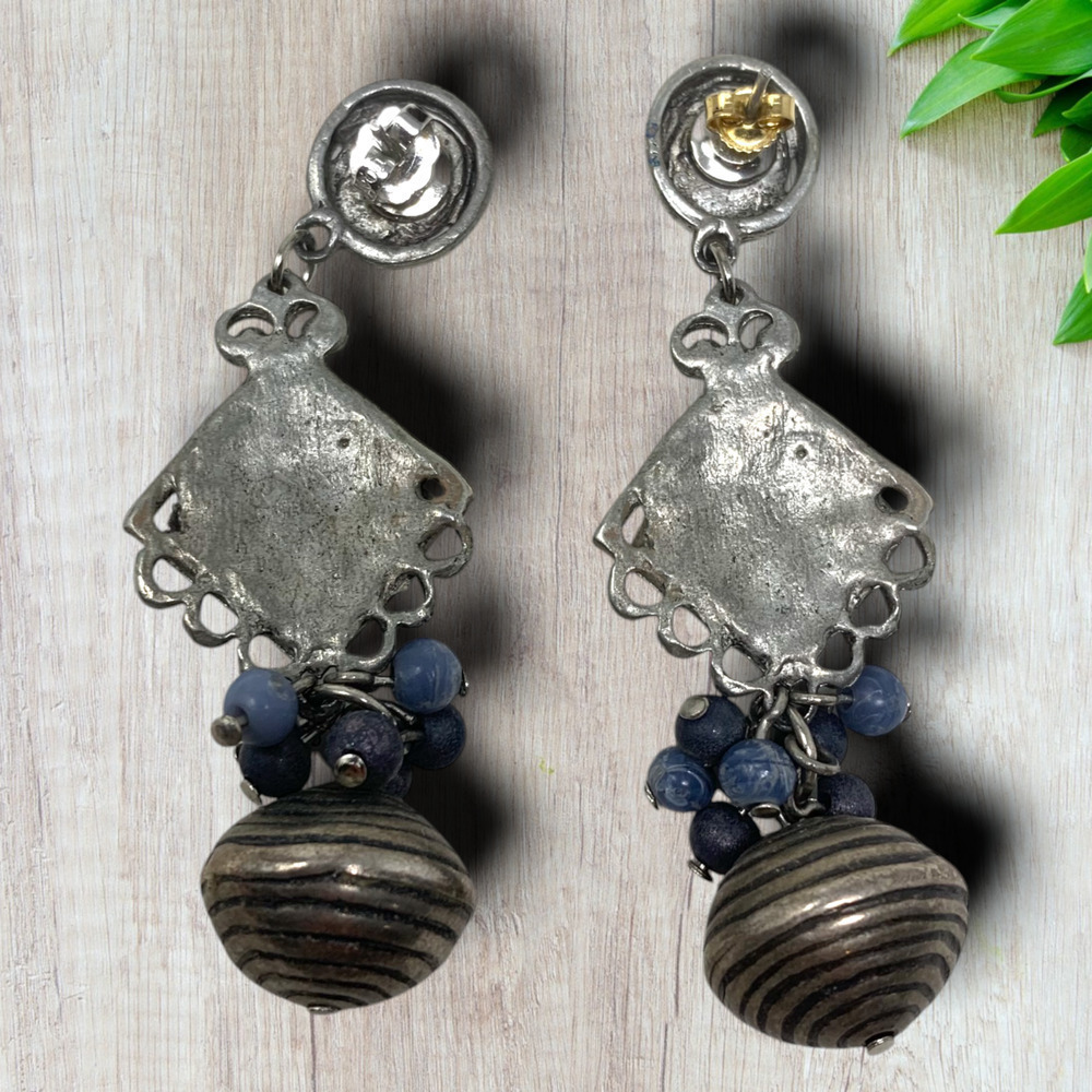 Vintage Y2K Bohemian Beaded Blue Silver Tone Pierced Dangle Earrings Art to Wear - Picture 2 of 4